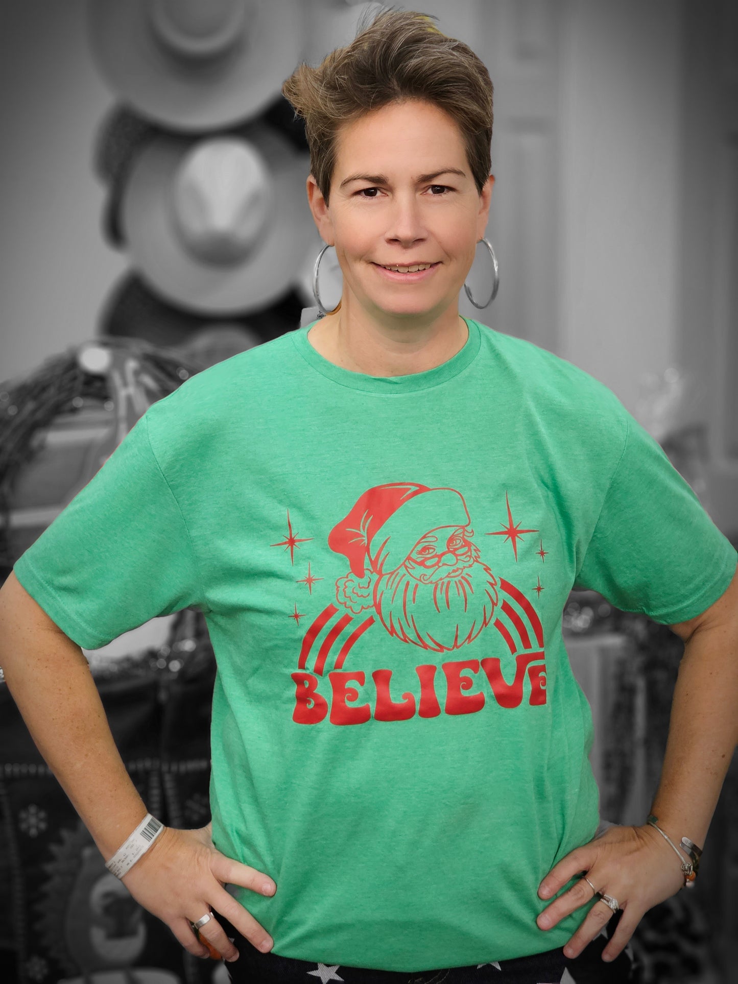 Believe Santa TEE Red on Green