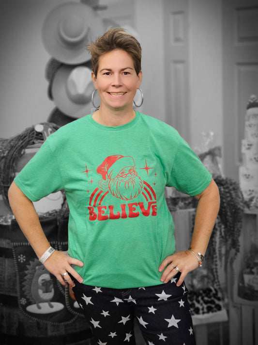 Believe Santa TEE Red on Green